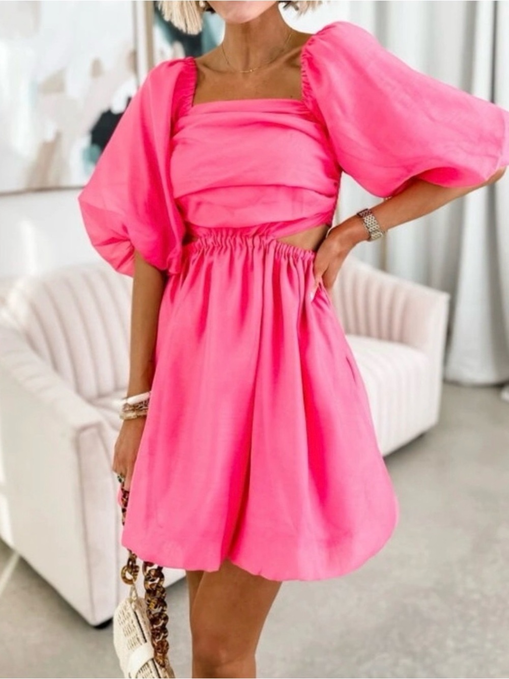 a new day Hot Pink Puff-Sleeve Cutout Mini Dress